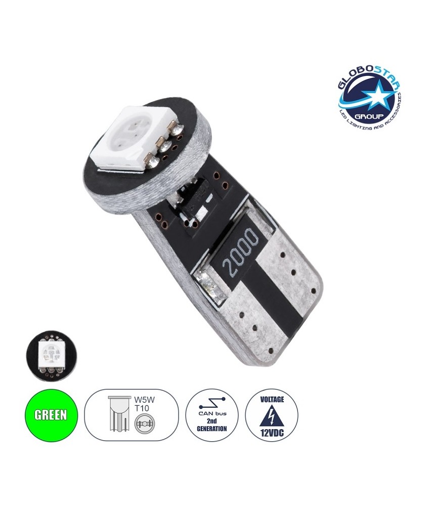 GloboStar® T10 W5W 81083 Λάμπα Αυτοκίνητου LED  2rd Generation Can-Bus Series 1xSMD5050 1.5W 120lm 120° DC 12-16V IP20 Φ1 x H2.2cm Πράσινο